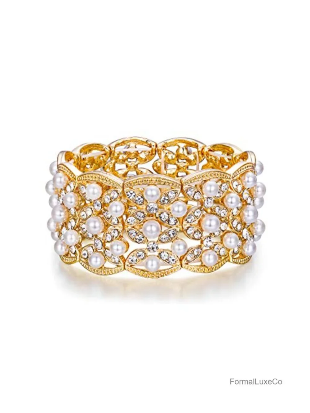 Vintage Style Crystal Simulated Pearl Art Deco Leaf Elastic Stretch Bracelet